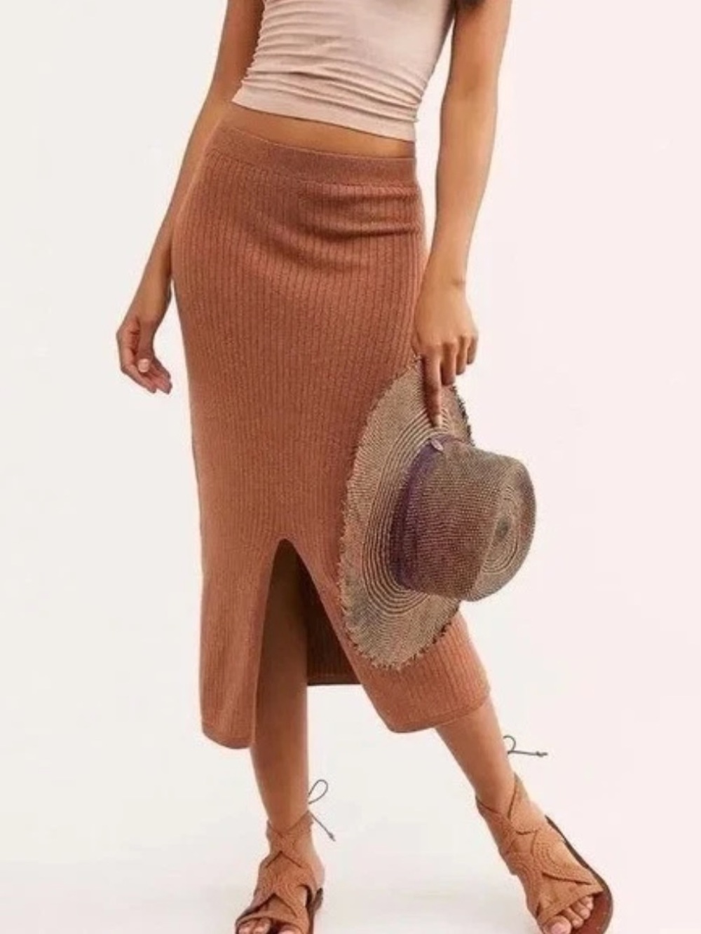 Free People Skyline Rib Midi Skirt Pencil Bodycon Tan Heathered Knit Slit Small